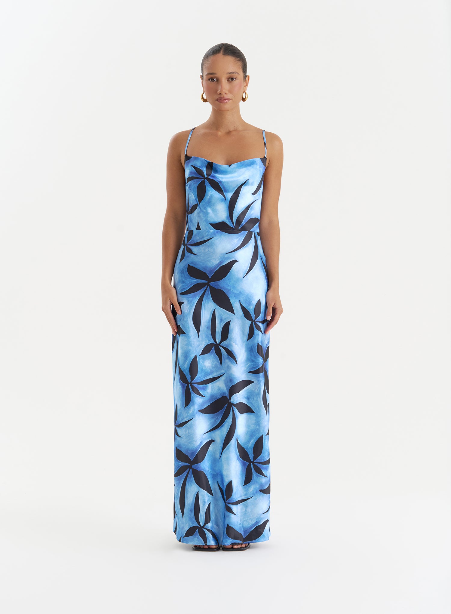 Blue Floral Print Satin Maxi Dress- Monique